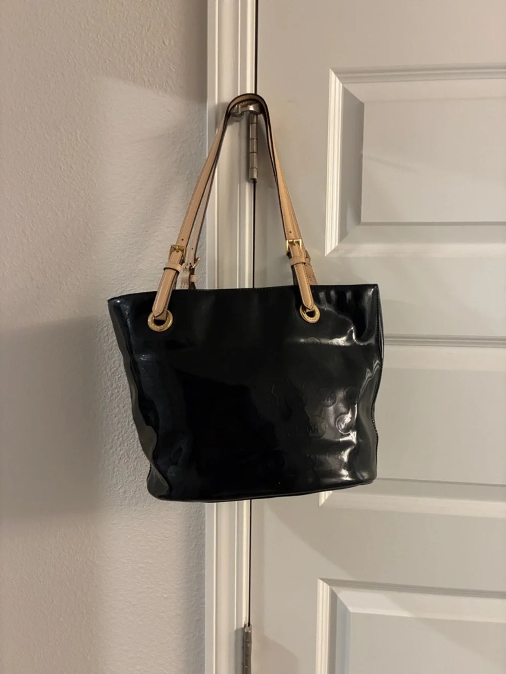 Michael Kors Black Patent Tote with Tan Handles - Picture 2 of 3